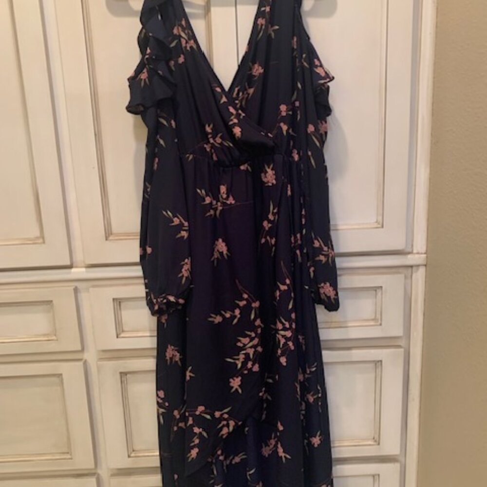 Soprano Maxi Dress navy with pink flowers; long-sleeve bare shoulder, size S